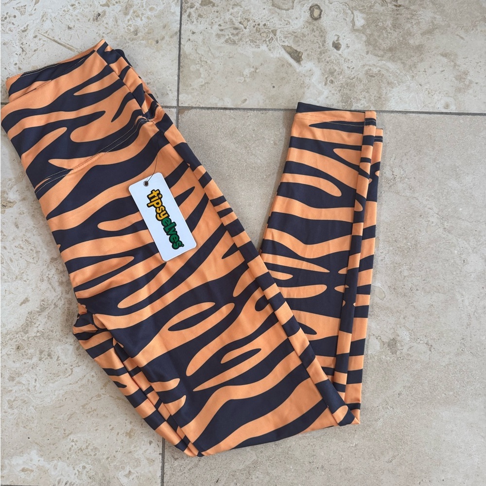 Tipsy Elves Orange and Black Tiger Stripe Leggings, Halloween yoga pants